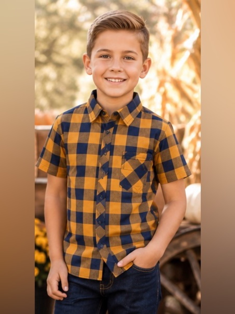 Nomad Boys Blue Mustard Plaid Flannel Button Shirt Cotton School Photos 8S NWOT